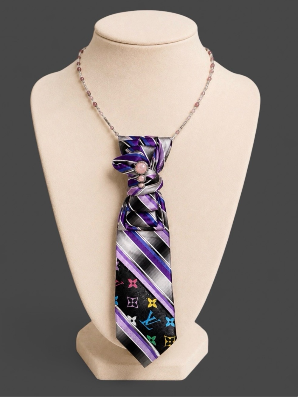 OOAK Upcycled Necktie Statement Necklace
Purple Silk Striped Designer Leather LV
